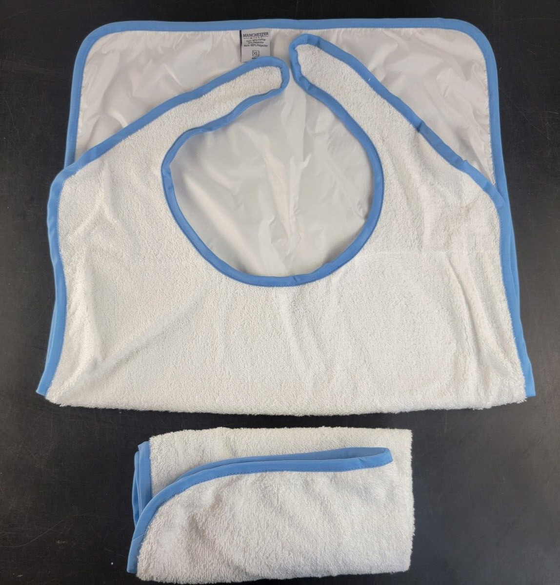 (2 Pk) Manchester Mills XL Adult Bibs 20×36 Absorbent Washable White Blue Piping