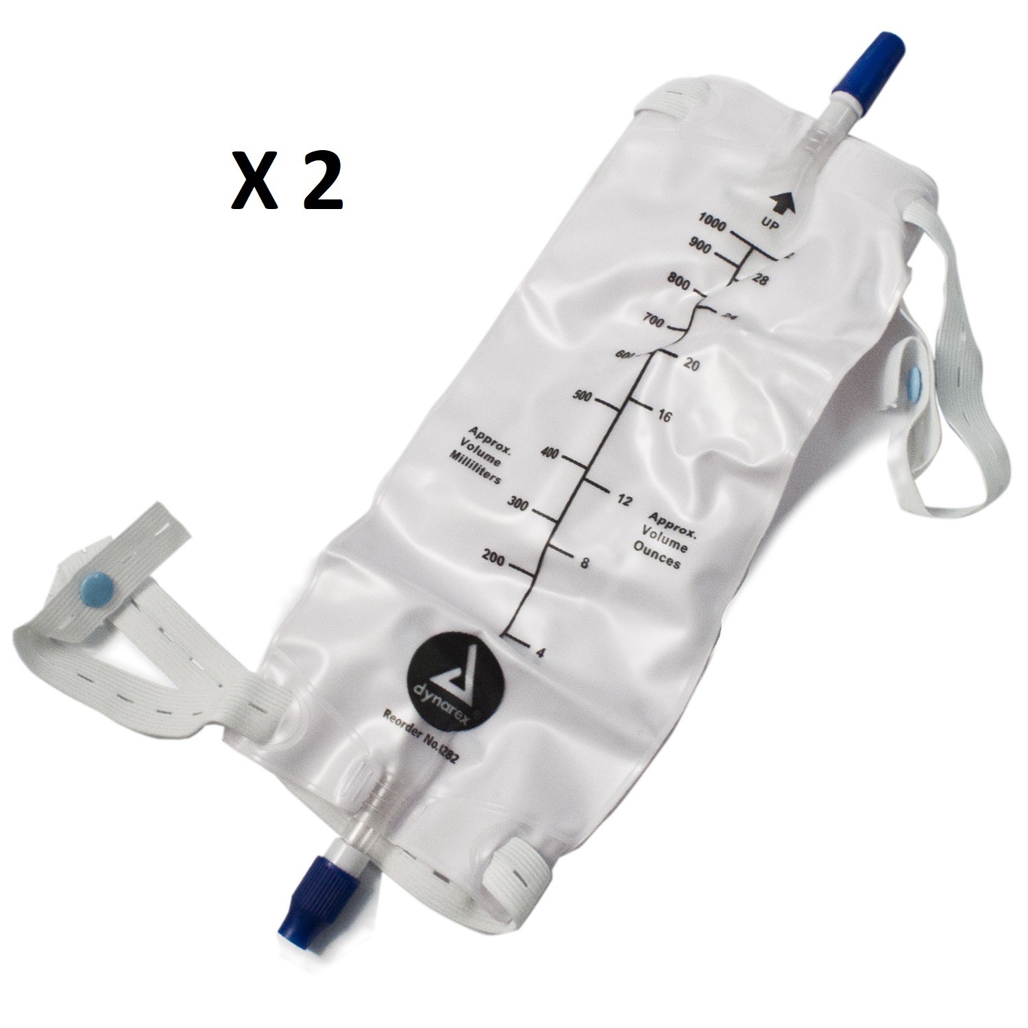 2 Dynarex Urinary Leg Bag Anti-Reflux Valve, Straps, Large 1000ML #4282