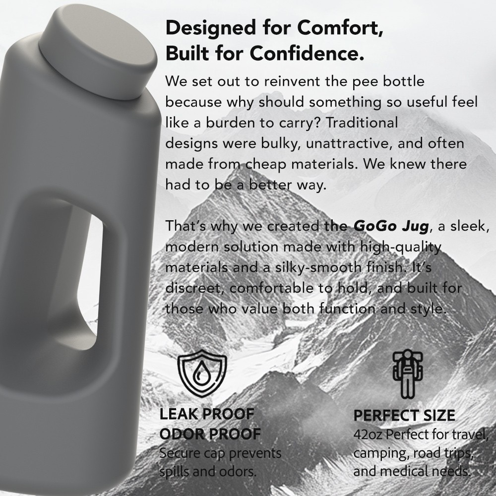 Gogo Jug – Portable Male Urinal Bottle – Large 42oz Capacity – Gray