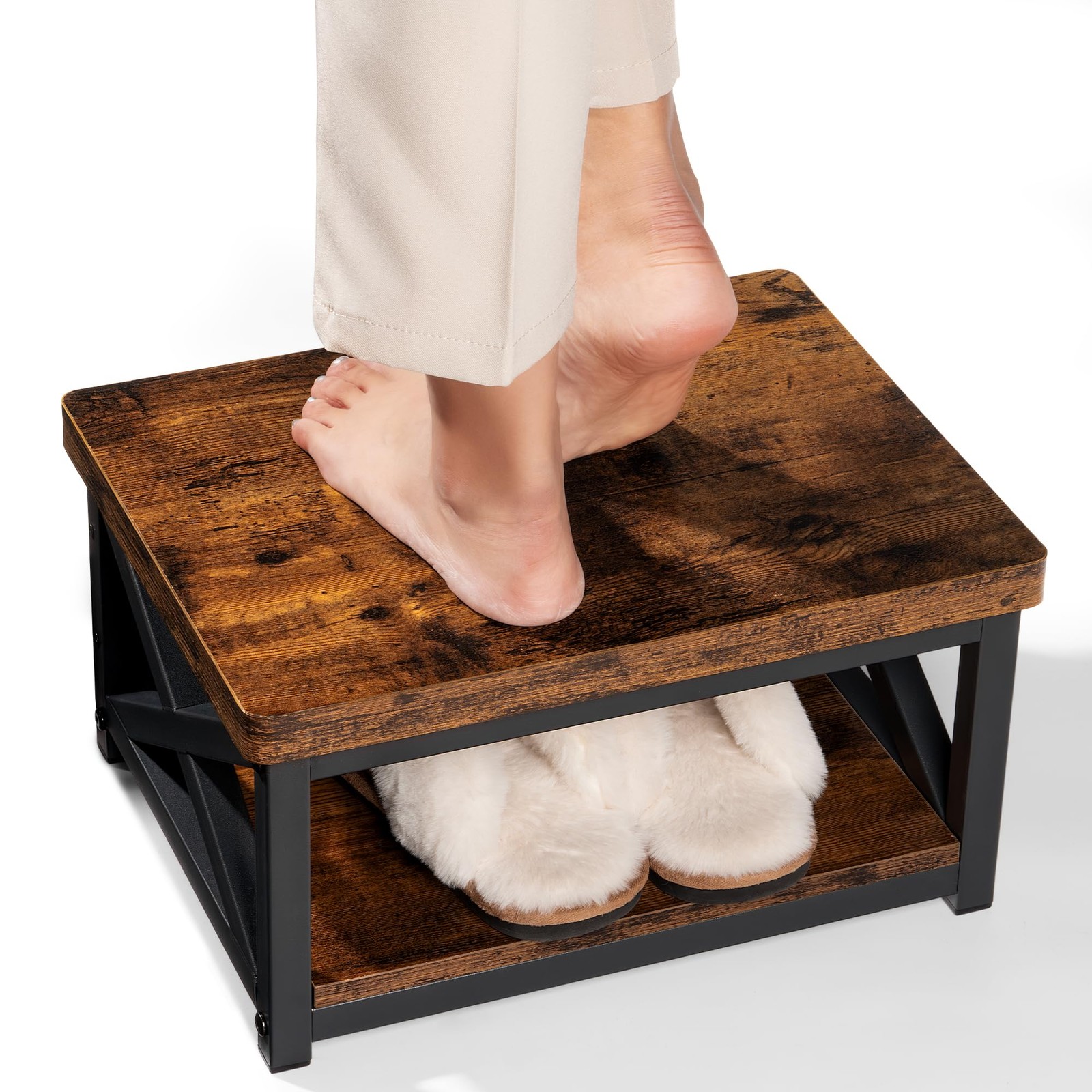 Rustic Brown Wooden 8 Inch Bedside Step Stool Shelf AntiSlip Feet 500 LBS