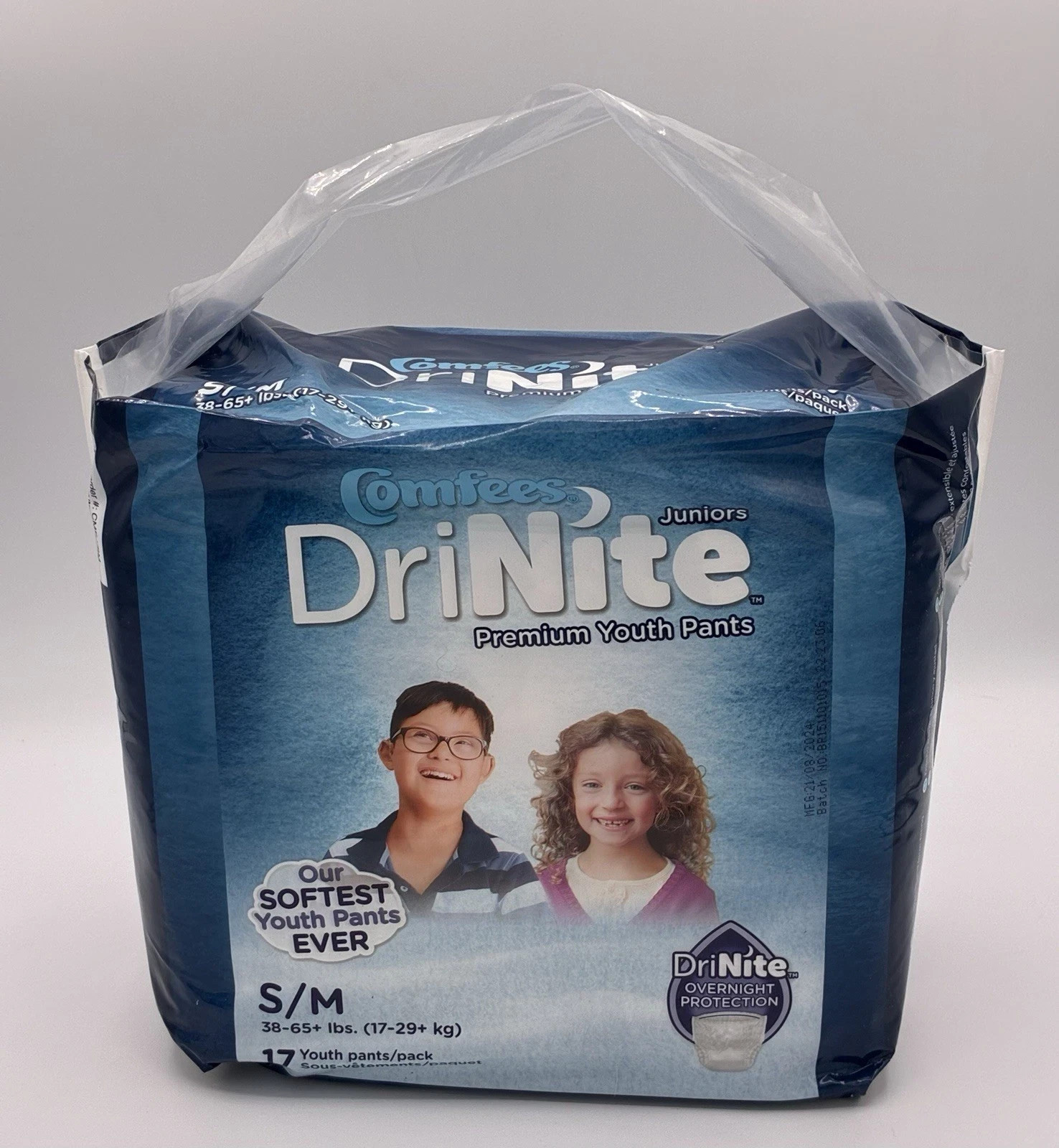 New Unopened Comfees DriNite Youth diaper Pants S/M, 17ct sealed bag boy or girl
