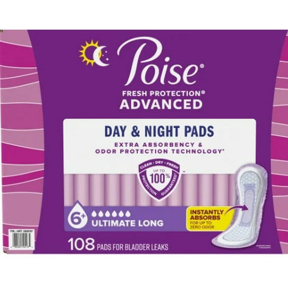 Poise Ultimate Absorbency Incontinence Pads – White, Pack of 108, L