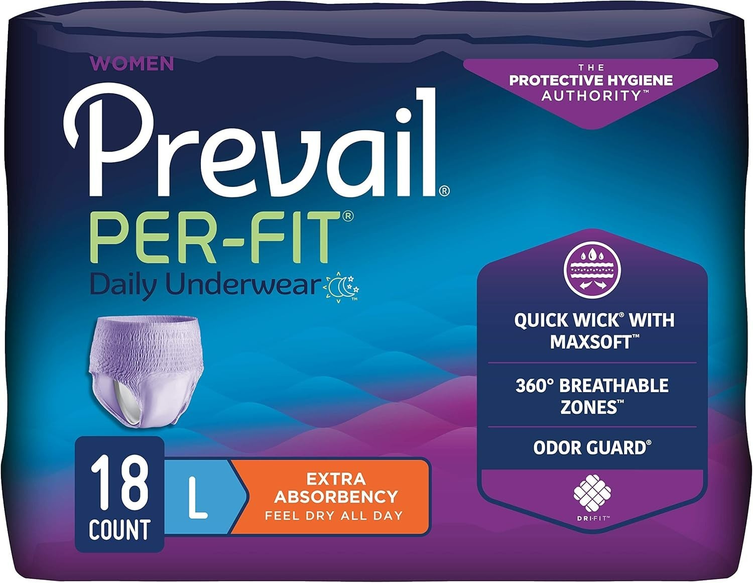 Prevail Per-fit Women’s Daily Incontinence Underwear, Large (44″-58″), 18 count