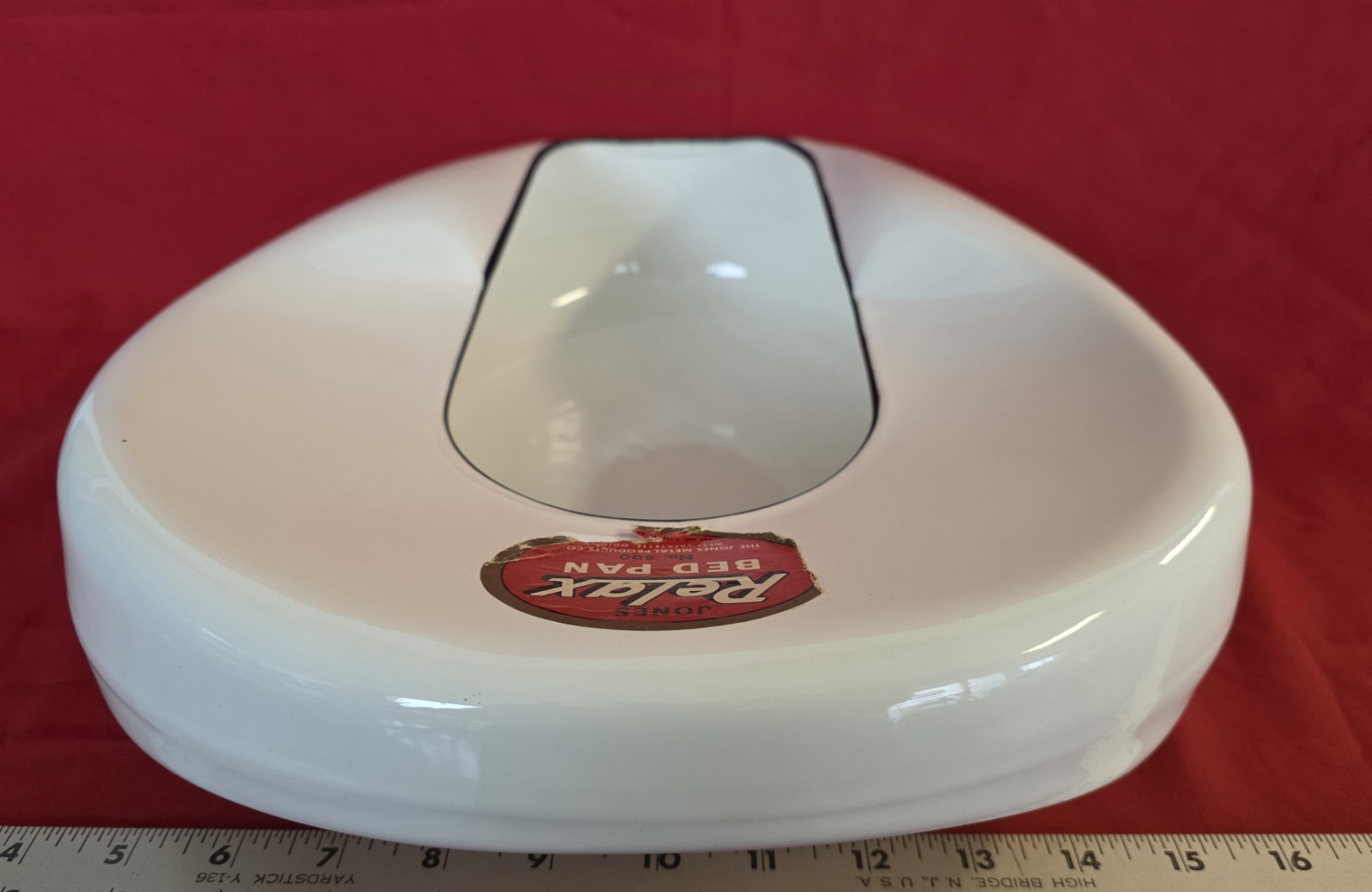 Vintage 1940s Jones Relax White Black Edge Porcelain Enamel Metal Bed Pan