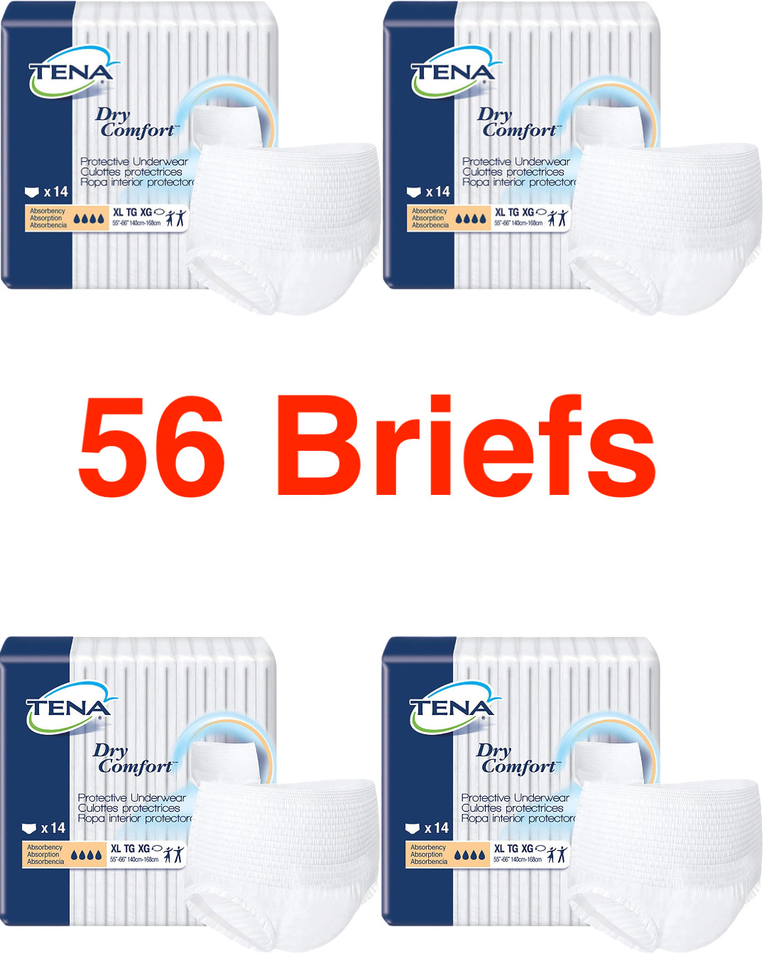 4pks (56 Count) Tena Dry Comfort Protective Underwear Size XL Large 55”-66″ 34z