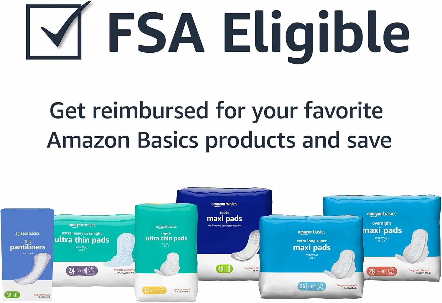 Amazon Basics Maxi Pads For Periods- Thick, Super Absorbency, Unscented, 48 Coun