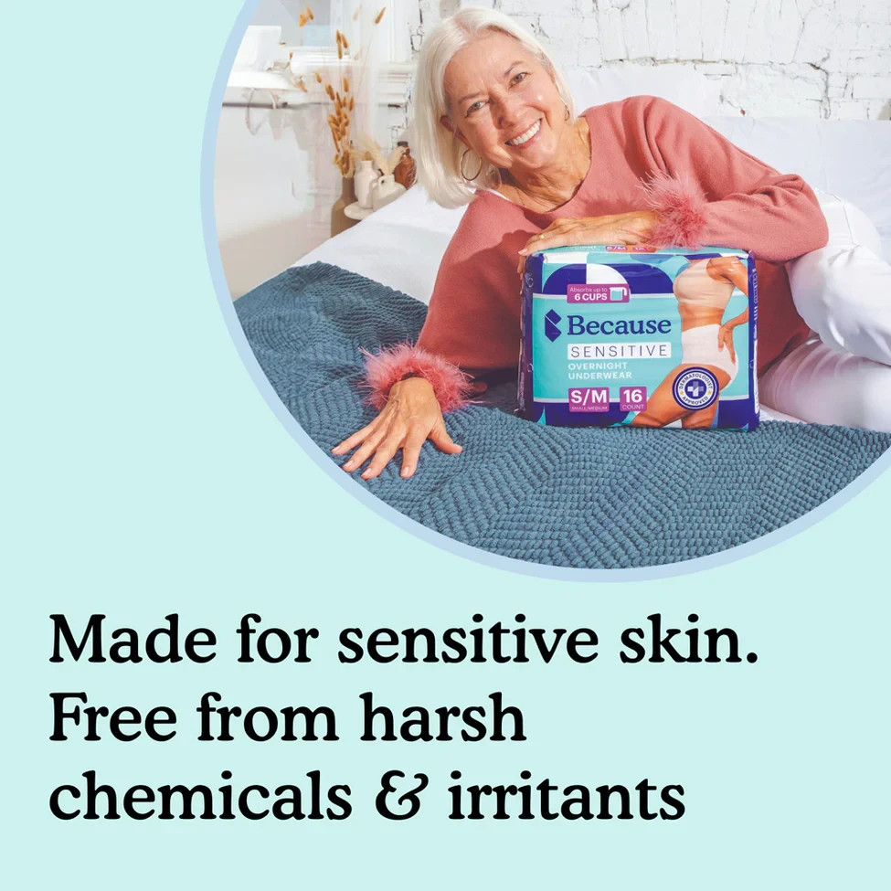 Because Sensitive Overnight Underwear for Women – Small/Medium, 16 Count