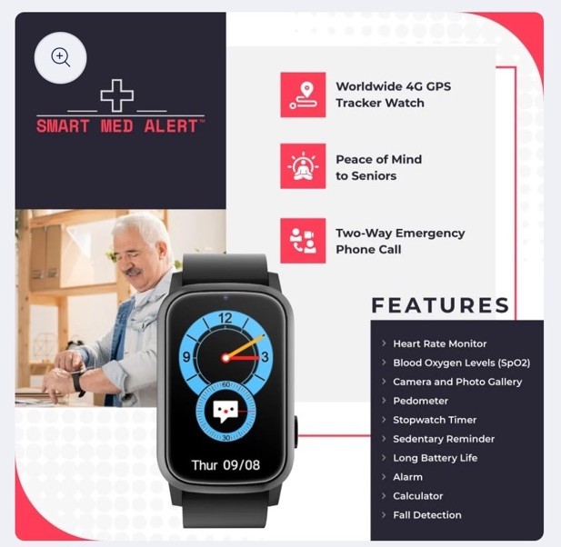 Smart Med Medical Alert Rectangular Smart Watch For Seniors | Fall Detection