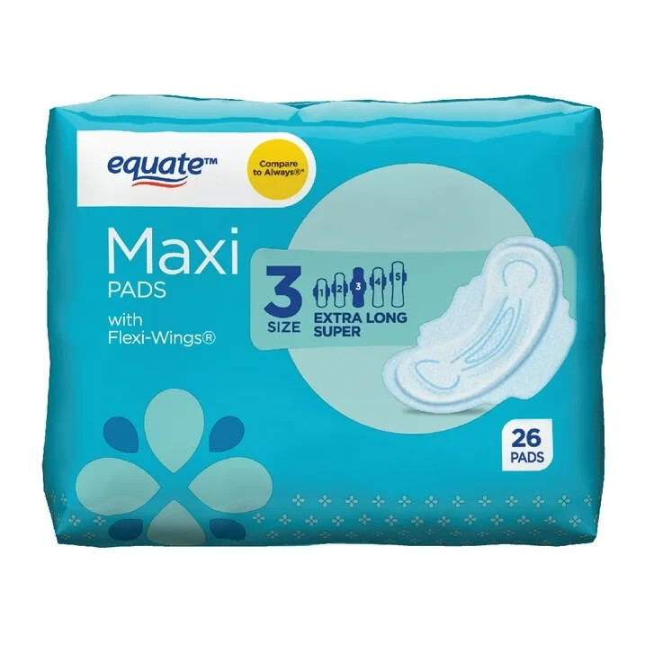 Equate Super Absorbency Maxi Pads with Wings, Size 3 – 156 Count (6 Packs of 26)