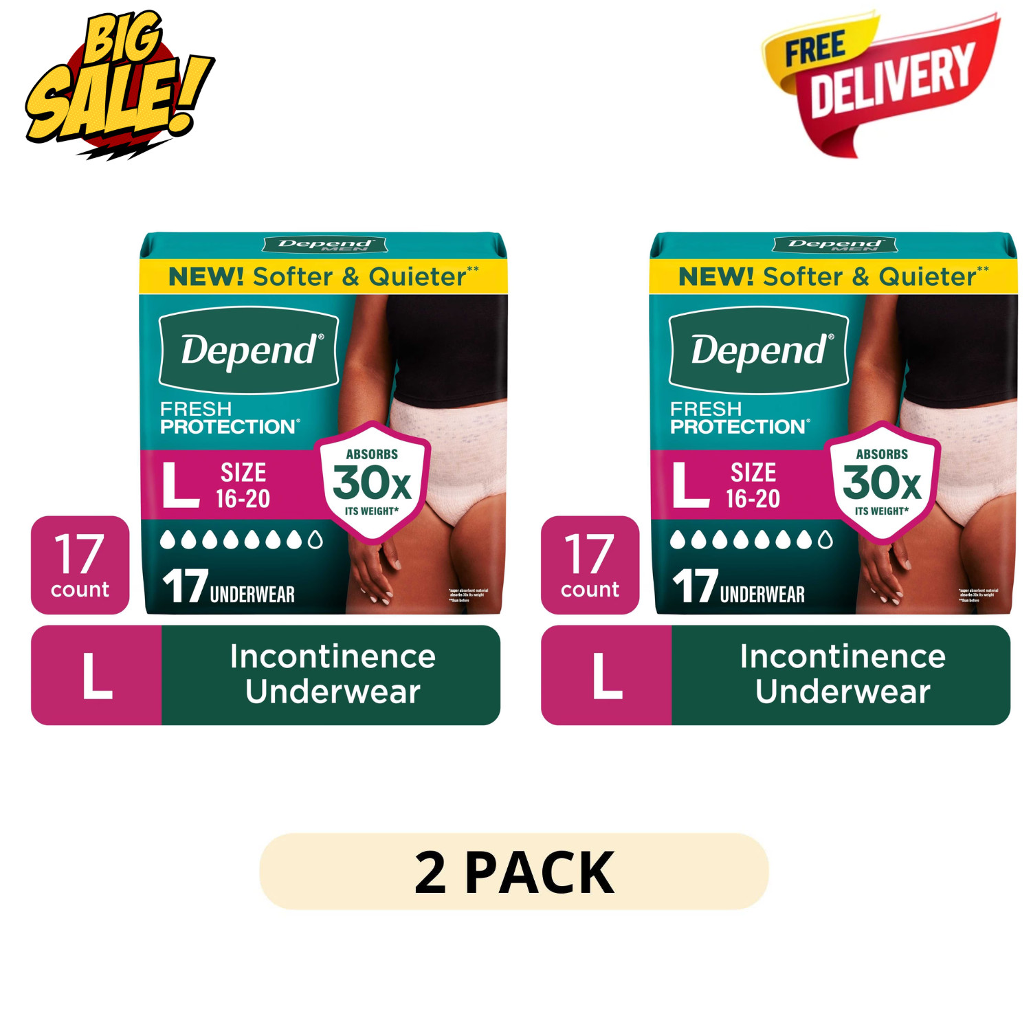 2 Pack Depend Fresh Protection Womens Underwear L 17Ct Incontinence Adult Diaper