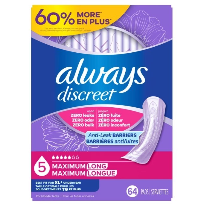 Always Discreet Maximum Absorbency Long Incontinence Pads 64 Count, New