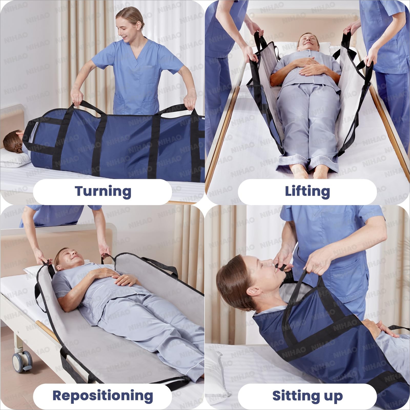 NIHAO Bed Positioning Pad 43″ x 36″ with 8 Reinforced x 36″, Navy Blue