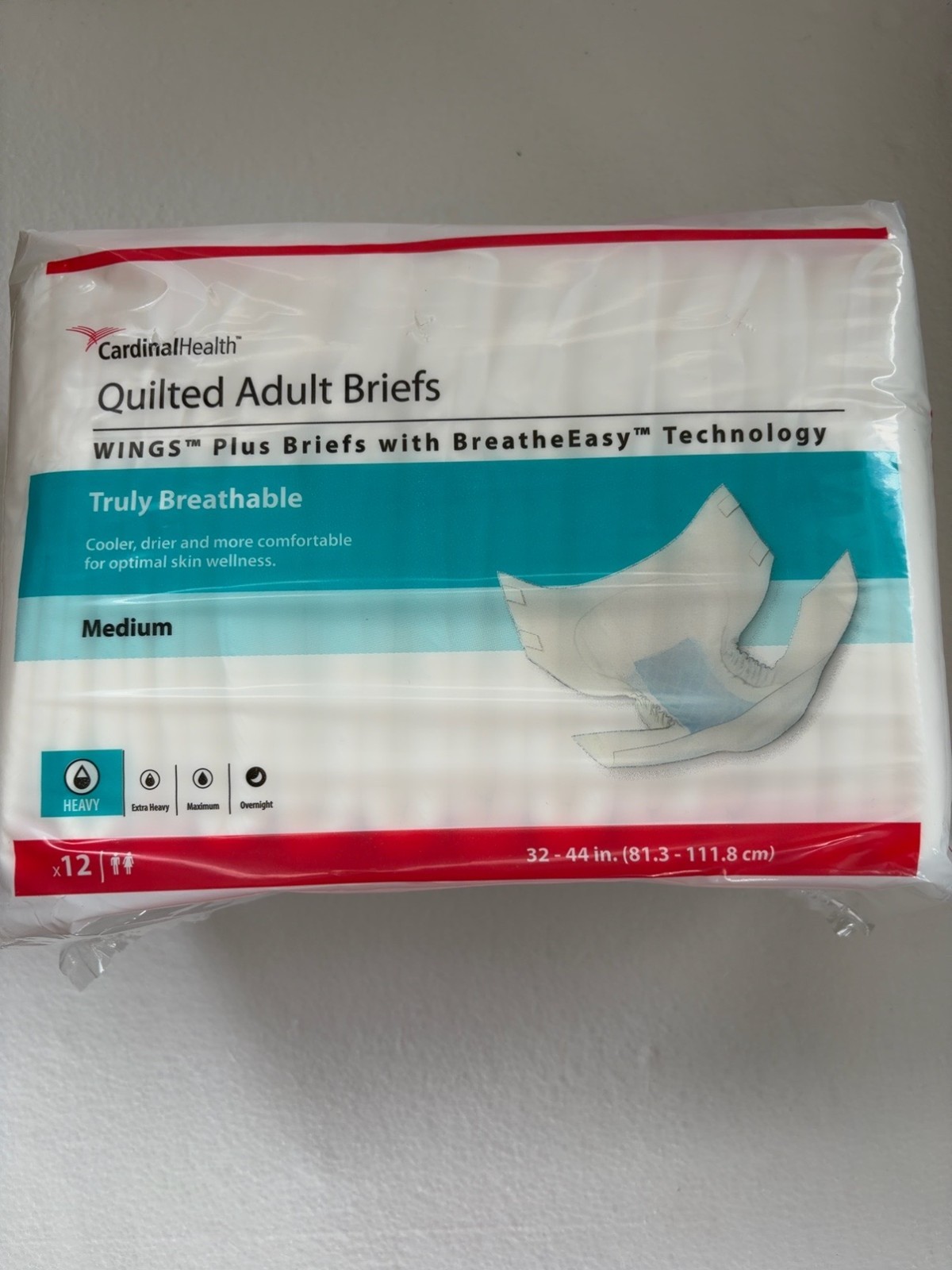 Cardinal Health WINGS Plus Adult Briefs Medium 32-44″ Heavy Absorbency 12 Ct