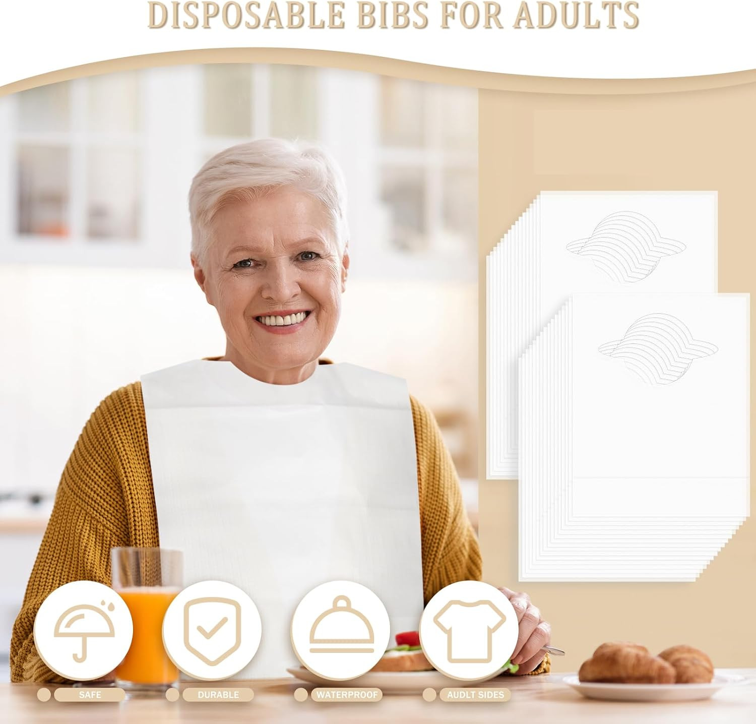 Disposable Adult Bibs 50‑Pack 13×18in Waterproof with Crumb Catcher