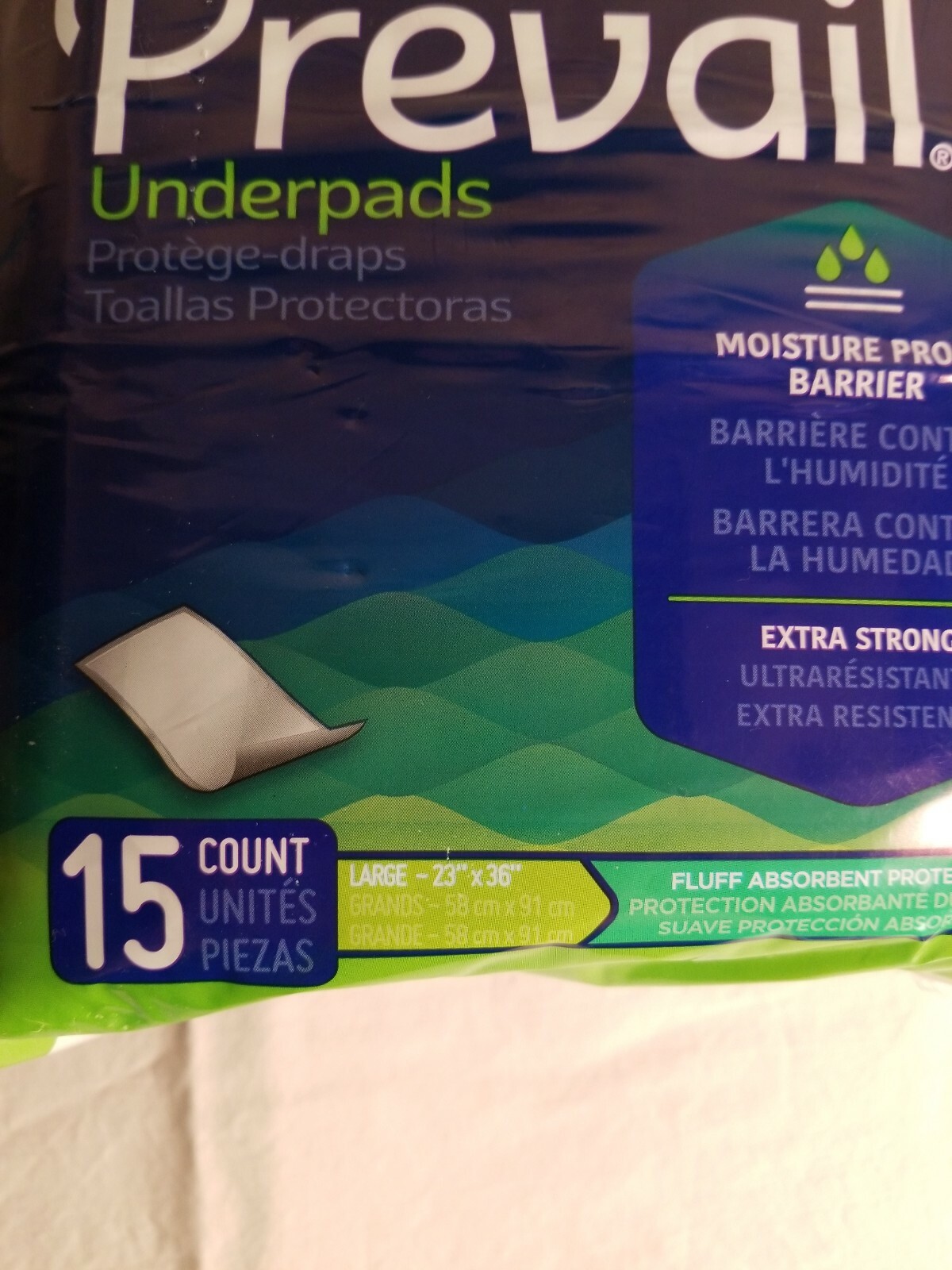 Prevail Underpads Size large, 15 Count, moisture proof barrier, extra strong