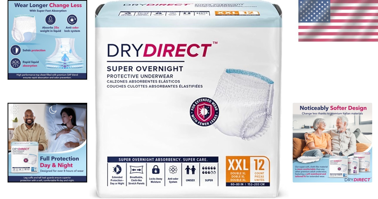 Super Overnight Adult Diapers with Leak Guards & Wetness Indicator – 12 Count