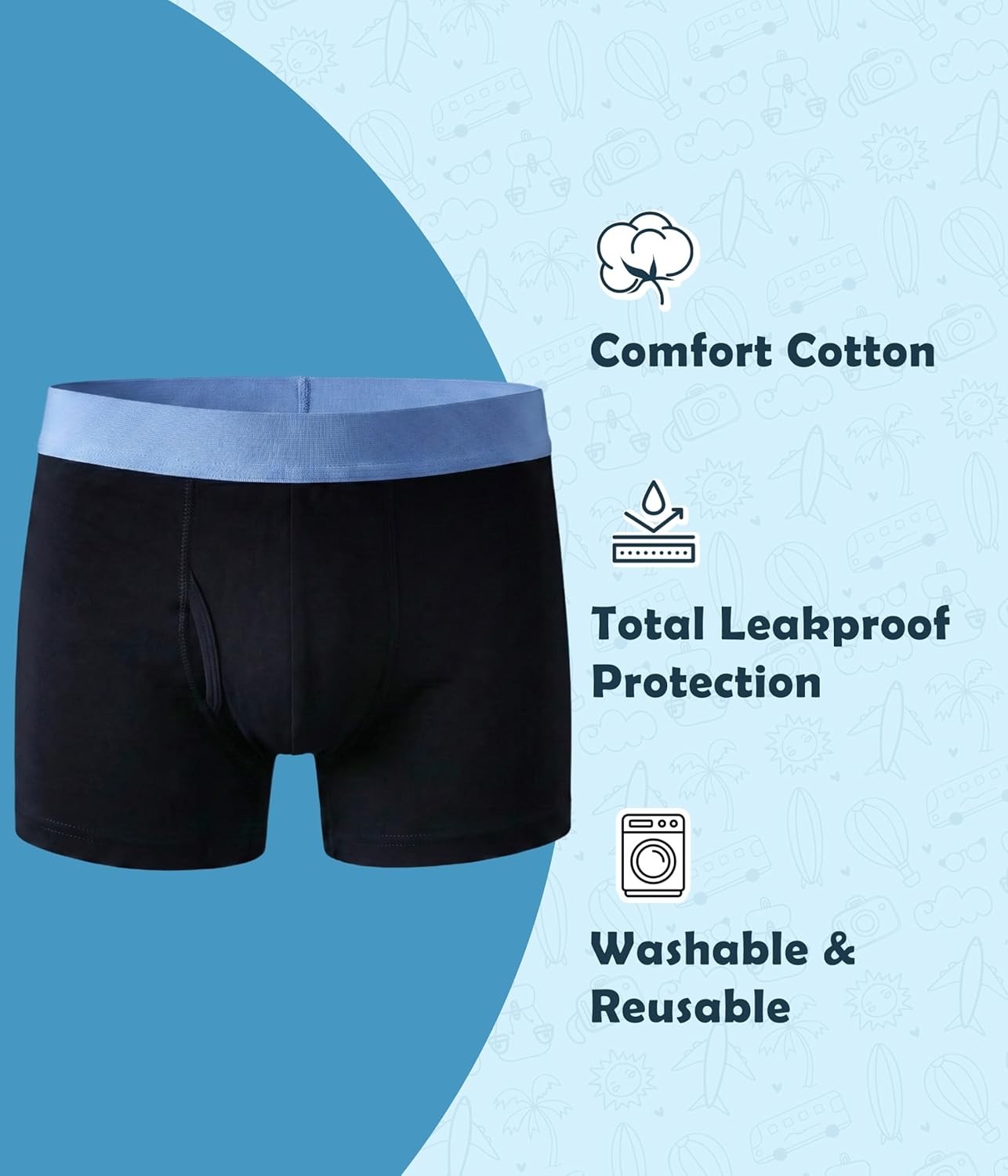 5 Pack Boys Teens Incontinence Underwear Washable Cotton Boxer Briefs – Large