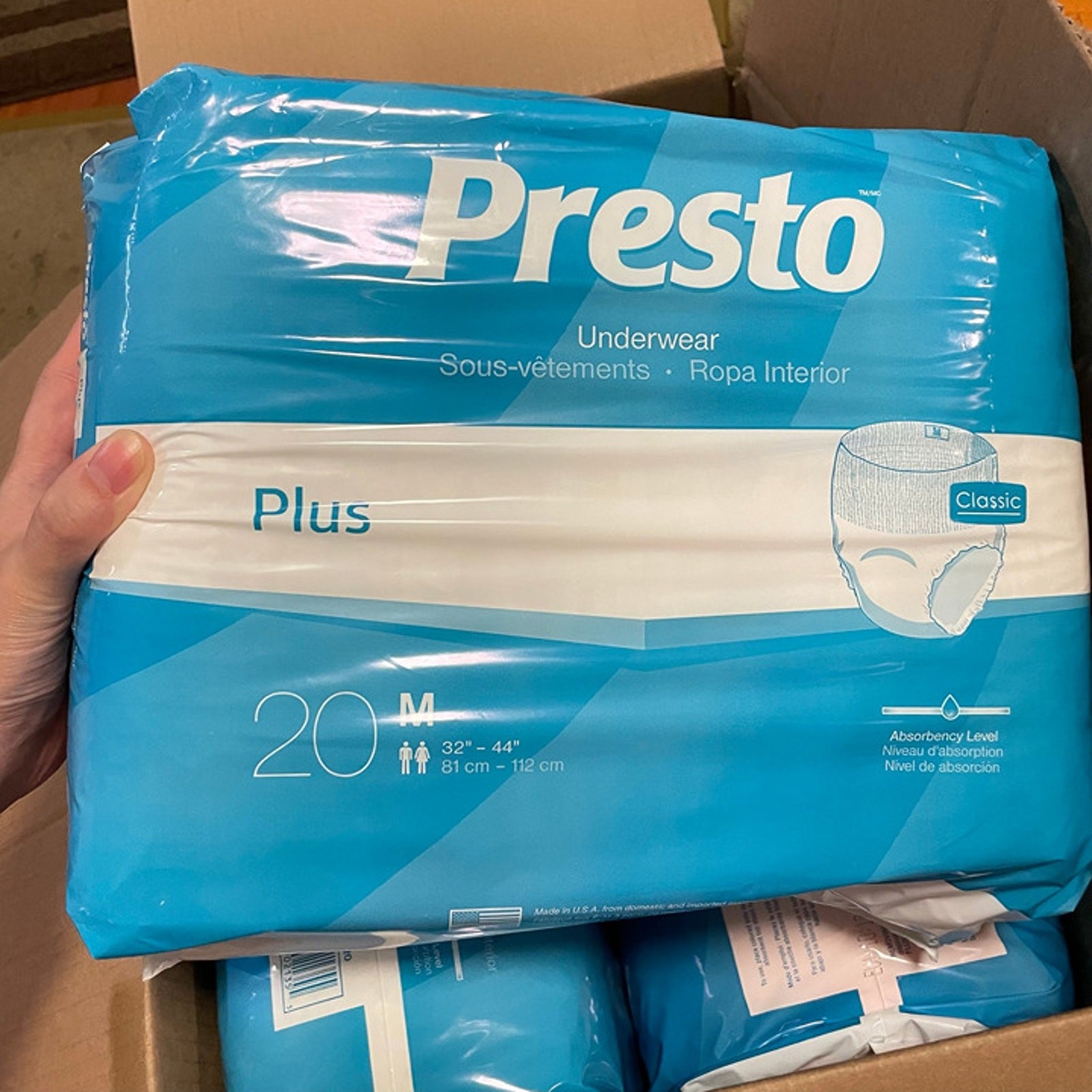 4 Pack, 80 counts, 20 counts each PRESTO Daily Underwear Adult Size M
