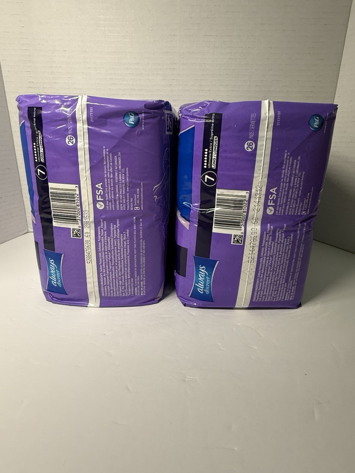 2 Packages Always Discreet Ultimate Extra Long Rated 7 Incontinence Pads 52