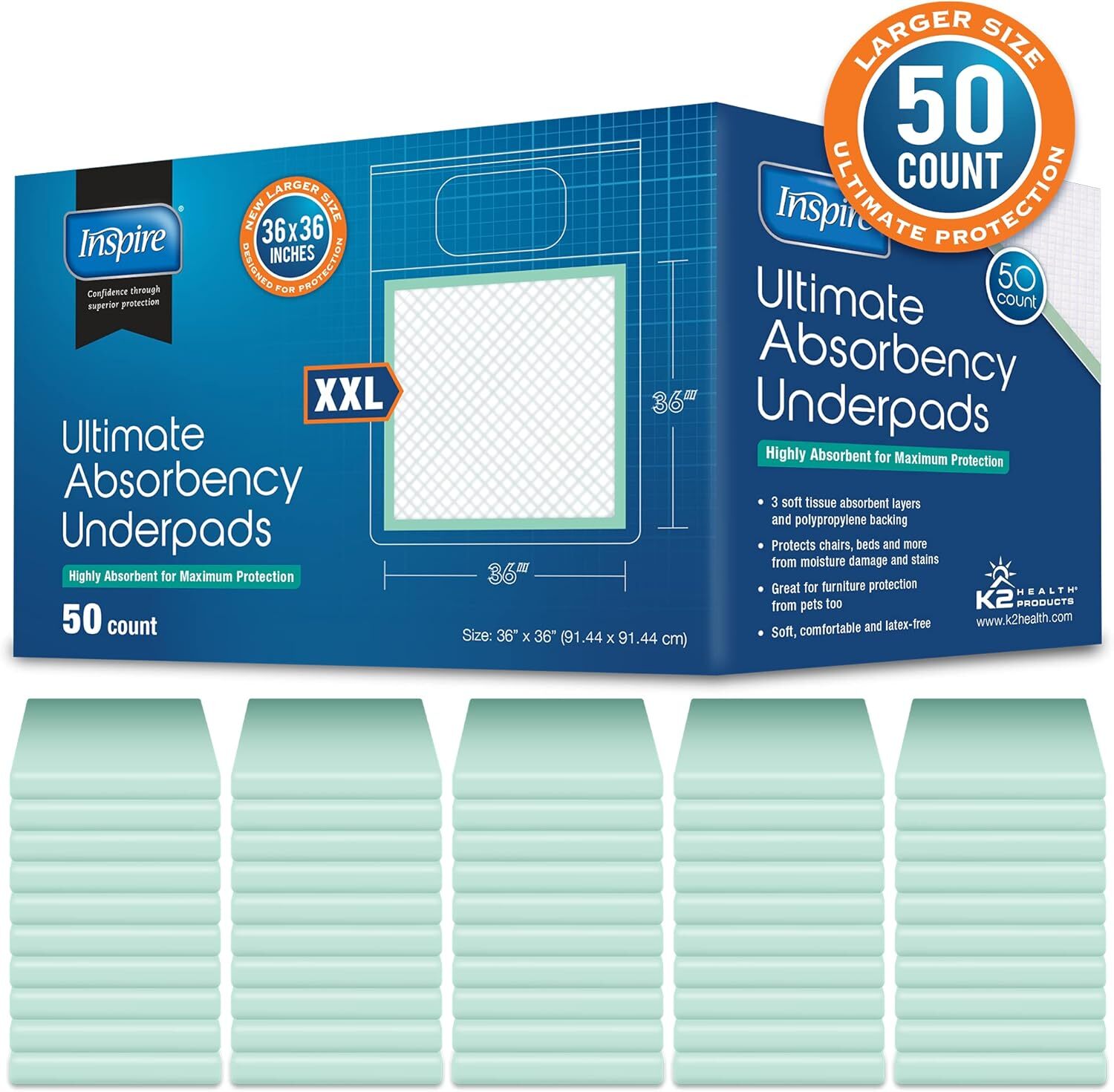 Inspire 36″ × 36″ Super‑Absorbent Bed Pads – Pack of 50, Waterproof Incontinence