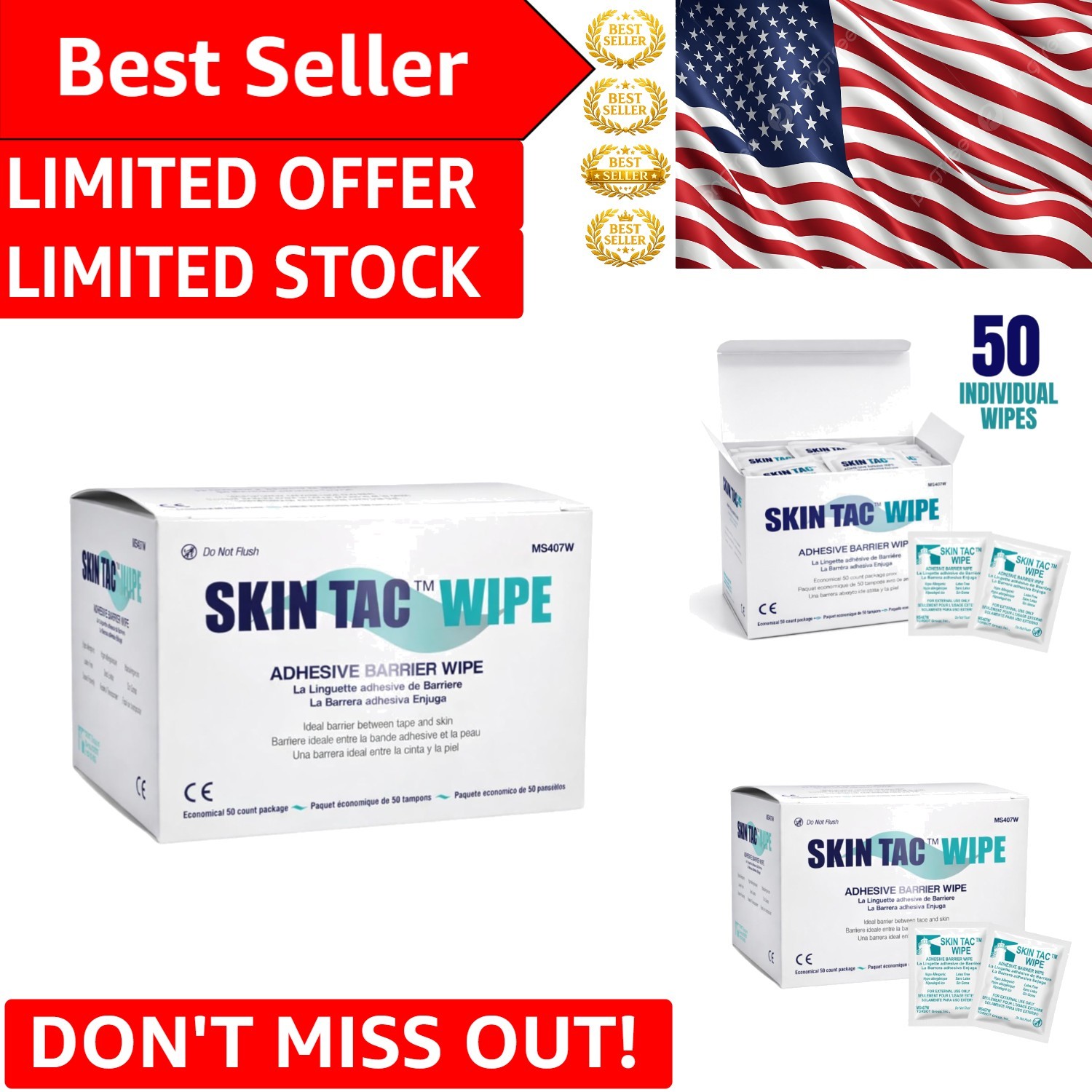 50 Count Skin Tac Hypoallergenic Adhesive Prep Wipes – Latex-Free & Portable
