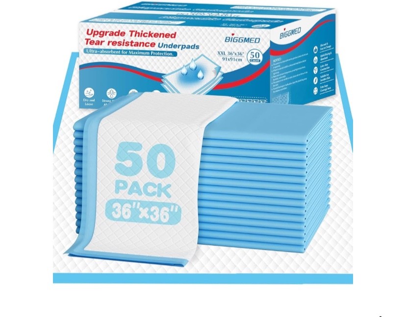 BIGGMED Tear-Resistant Disposable Bed Pads 36″x 36″ 60 Count Super Absorbent Un