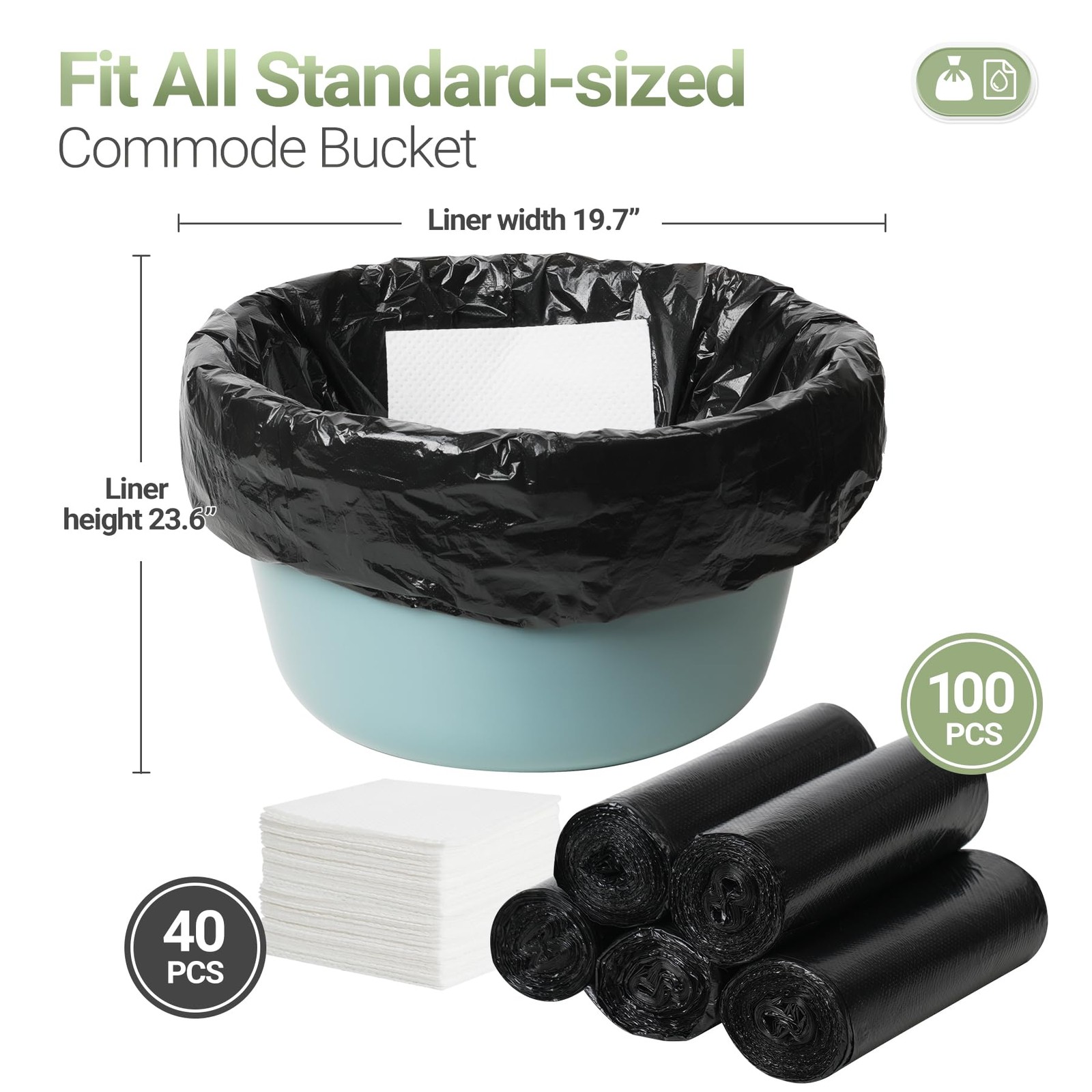 Commode Liners with Absorbent Pads, 100 Bags & 40 Pads for Standard Commode C…