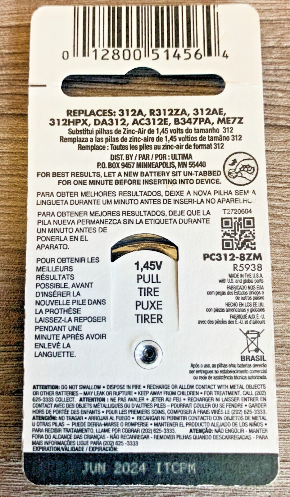 1 Package of (8) each 312 Hearing Aid Batteries Made in Germany/UK