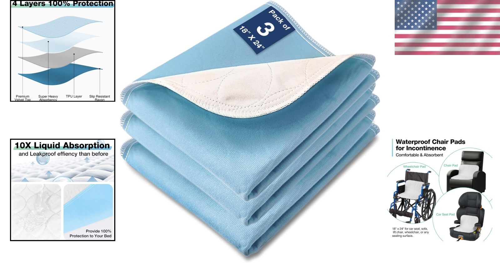 Washable Waterproof Underpads, 24″x18″ – 3 Pack for All-Age Protection