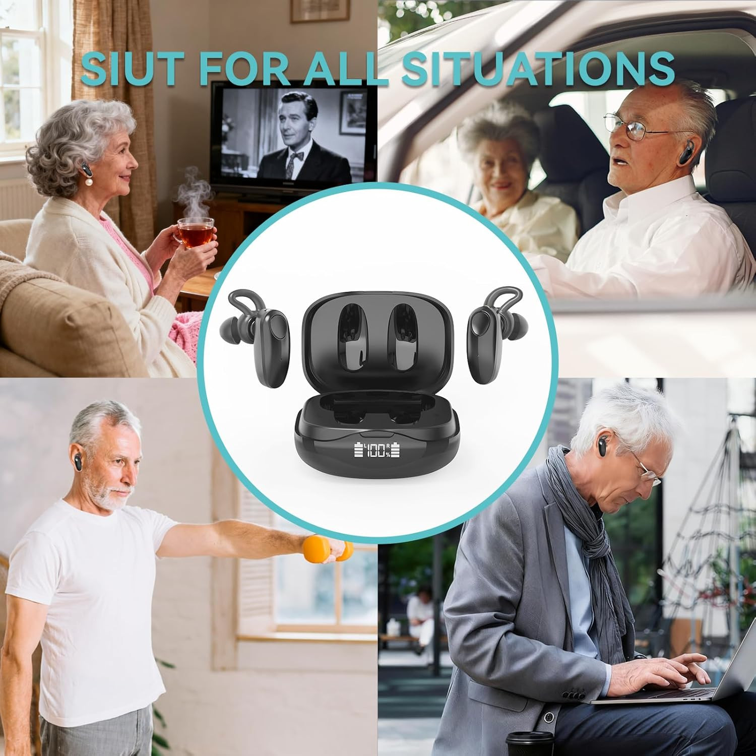 Rechargeable Hearing Aids for Seniors w/ Noise Cancellation & Case