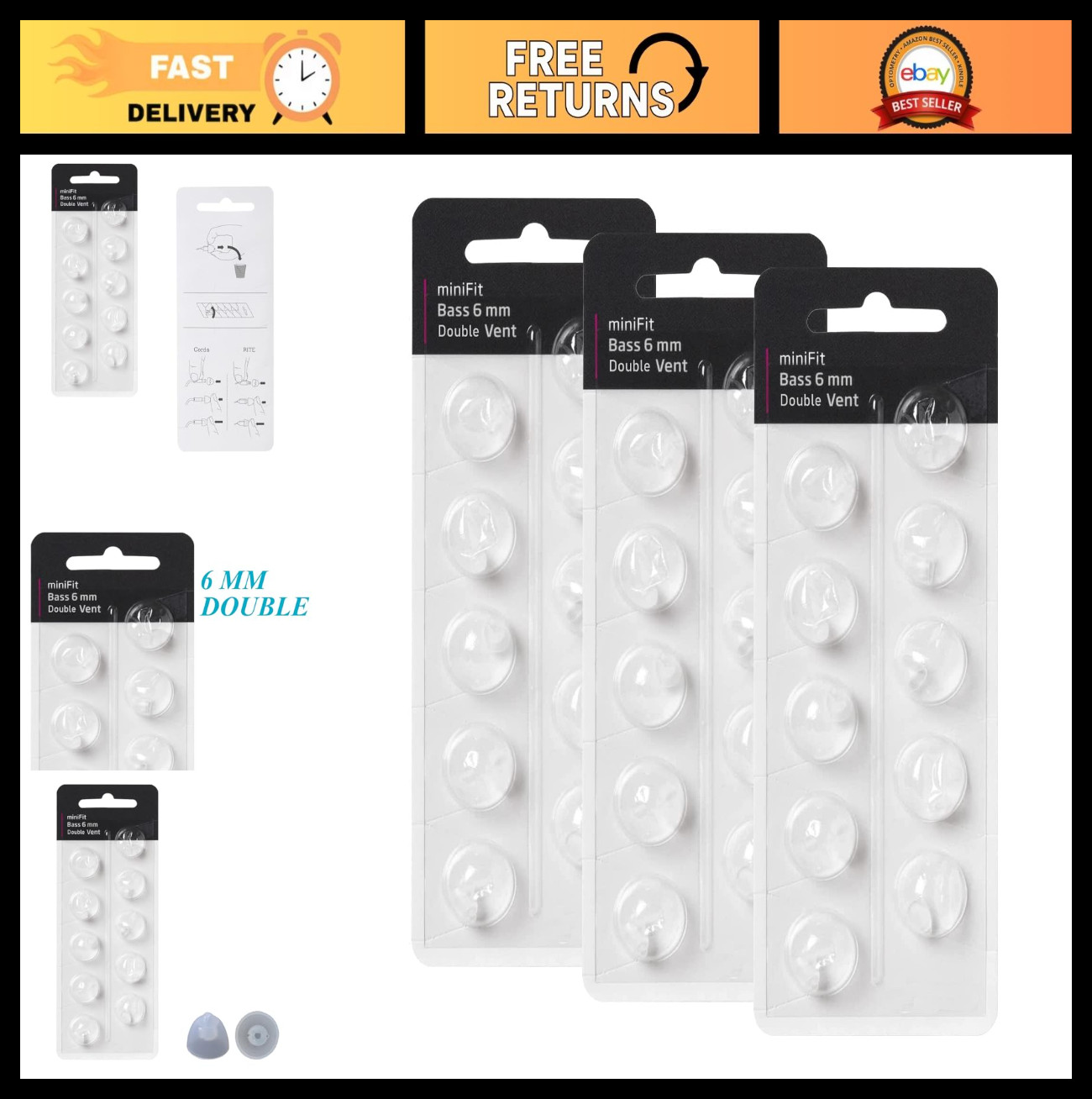 Universal Hearing Aid Domes – MiniFit Double Vent Bass Domes (3 Packs, 6mm)