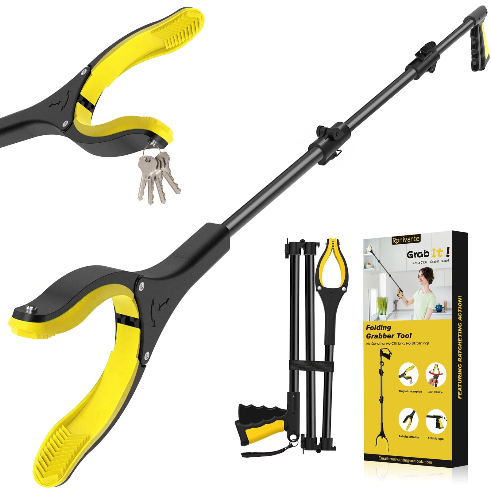 48 Inch Extra Long Grabber Reacher Tool，Foldable Pick Up 48 Inch, Yellowblack