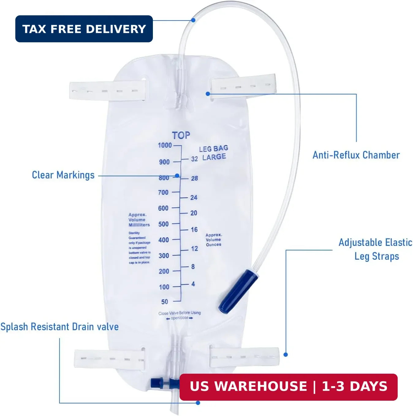3 Pack 1000ml Sterile Leg Urinary Drainage Bags with 2 Adjustable Elastic Straps