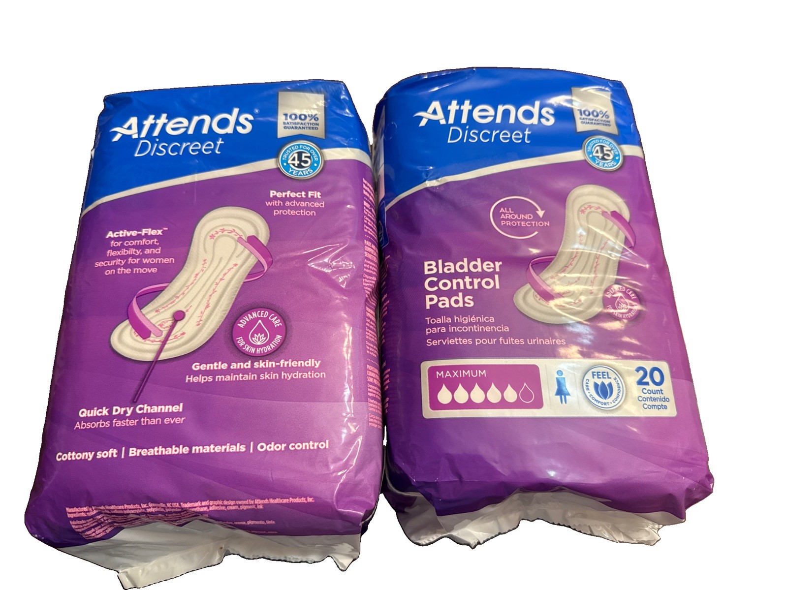 Attends Discreet, Women’s Bladder Control Pads, 2 Packs 20ct, Maximum Absorbency
