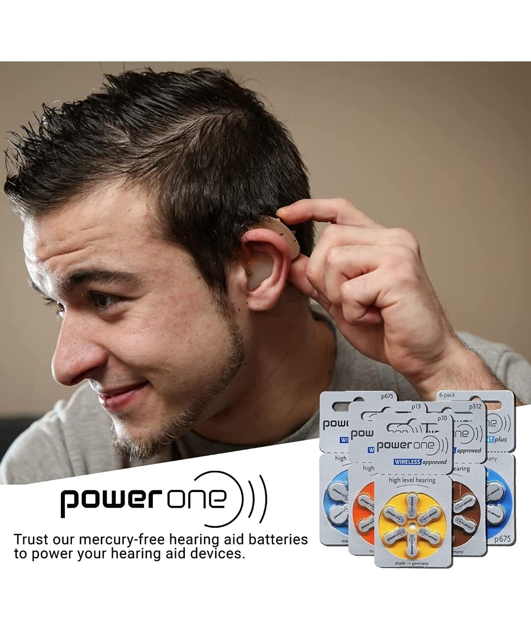 PowerOne Hearing Aid Batteries No Mercury Size 312, PR41 (60 Batteries)