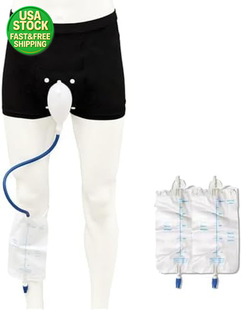 Wearable Urinal Underwear for Men Silicone External Catheter w/2 Bags Large