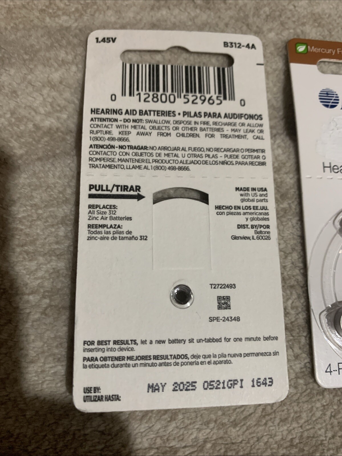 Two Beltone Hearing Aid Zinc Air Batteries 4-Pack 1.45V B347 312 New Exp 5/2025