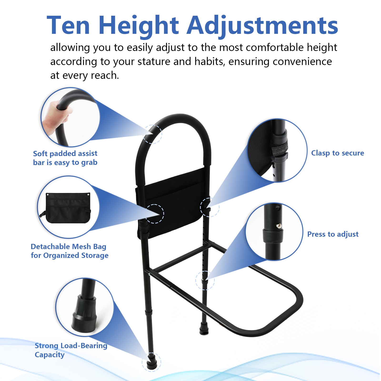 Bedside Safety Rail For Seniors Height Adjustable With Storage Bag 220 lbs