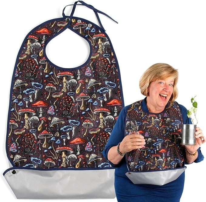 Adult Bib Mushroom Print Reusable Crumb Catcher Magnetic Snap