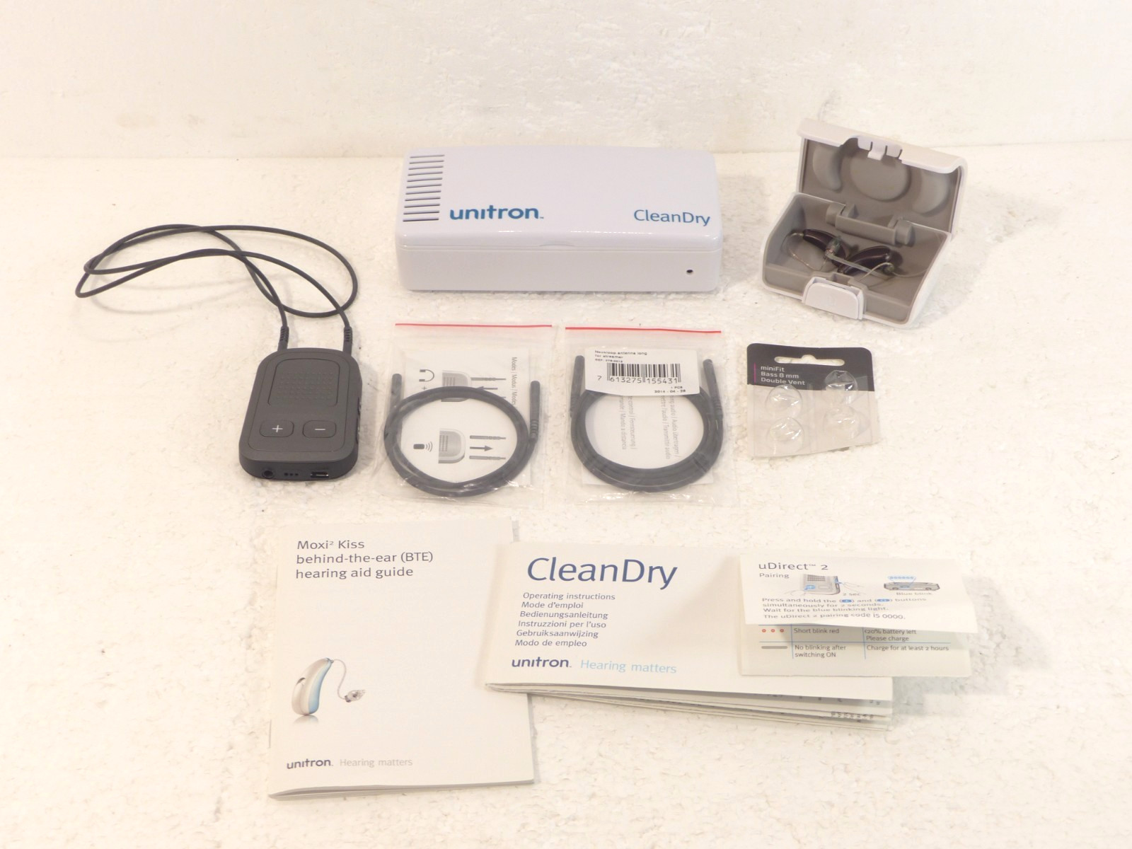 Unitron Moxi Kiss Behind-the-Ear Hearing Aids w/ uDirect 2 & CleanDry Bundle Set