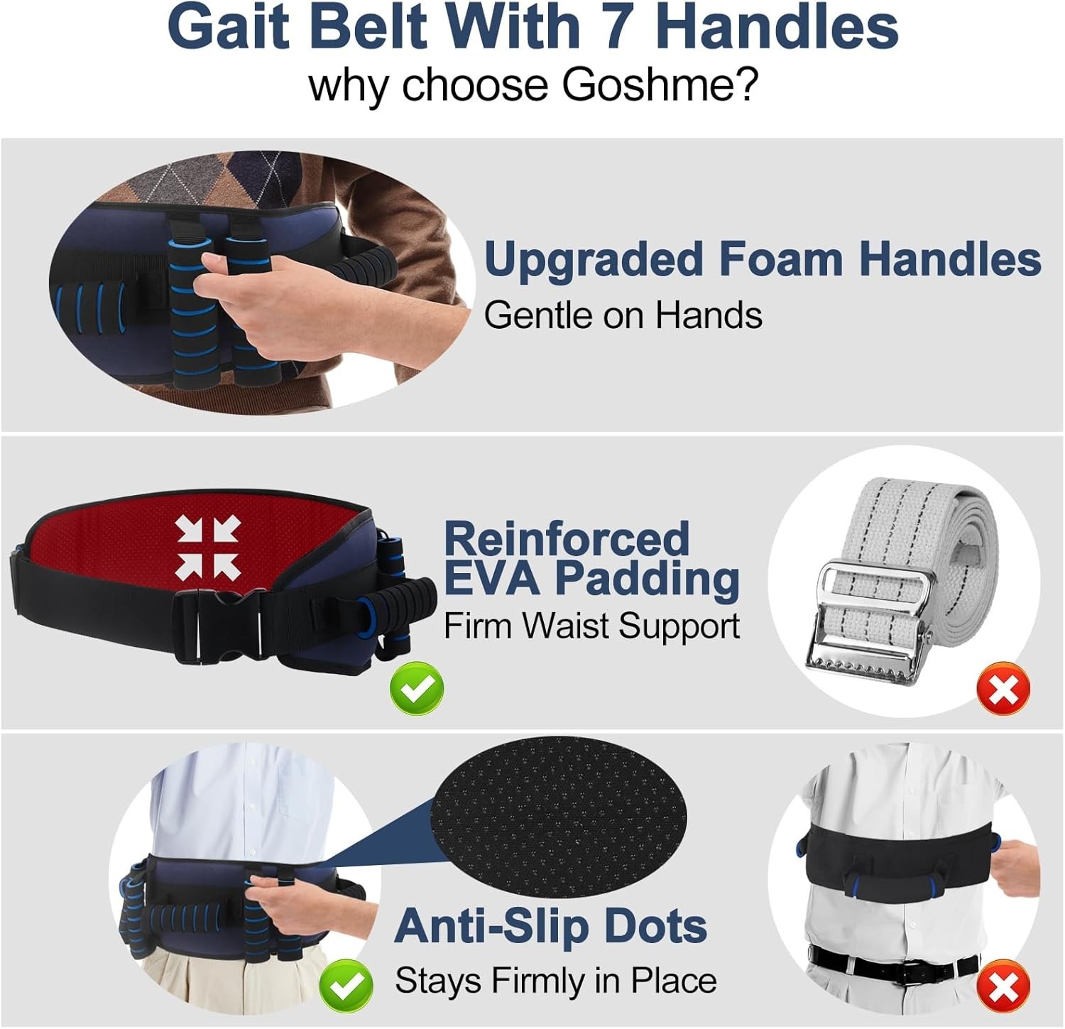 Gait Belt with 7 Handles, Transfer Belt for Seniors, Non-Slip Elderly Lift Belt