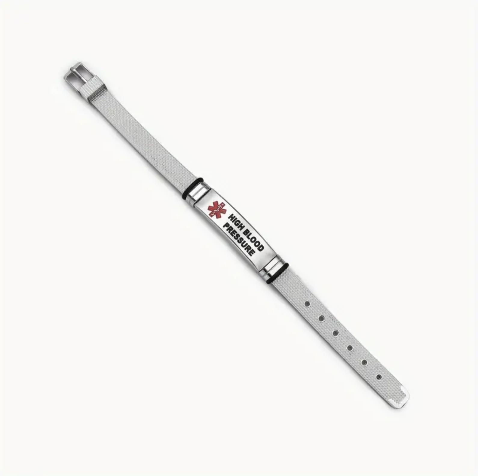 Medical Alert ID Tag High Blood Pressure Stainless Steel Mesh Adjustable Band
