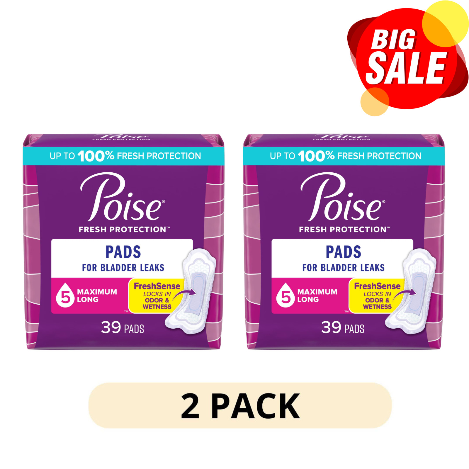 2 Pack Poise Women’s Incontinence Pads 5 Drop Maximum Absorbency Long 39 Ct