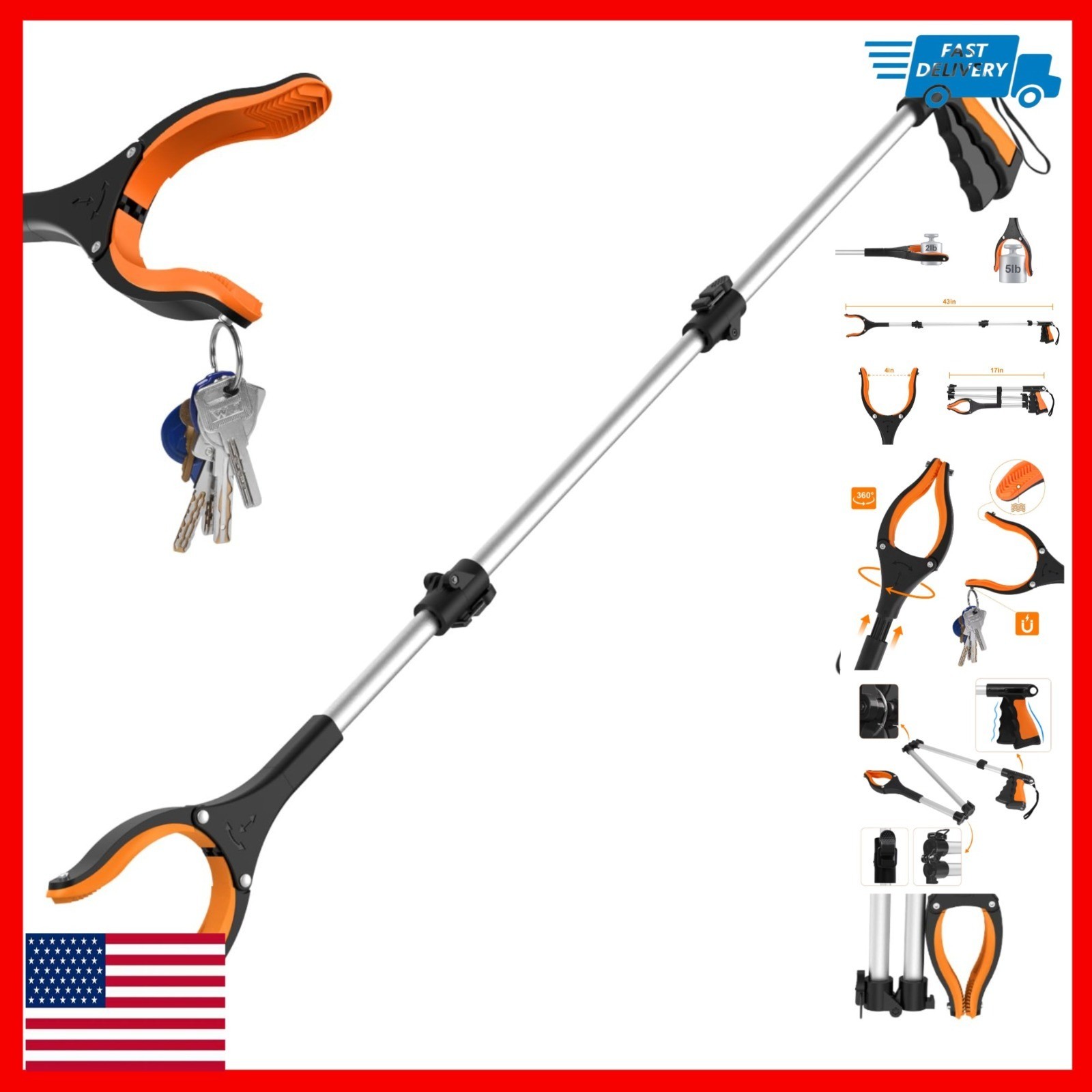 43″ Extra Long Grabber Tool, Foldable Reacher Grabber for Elderly