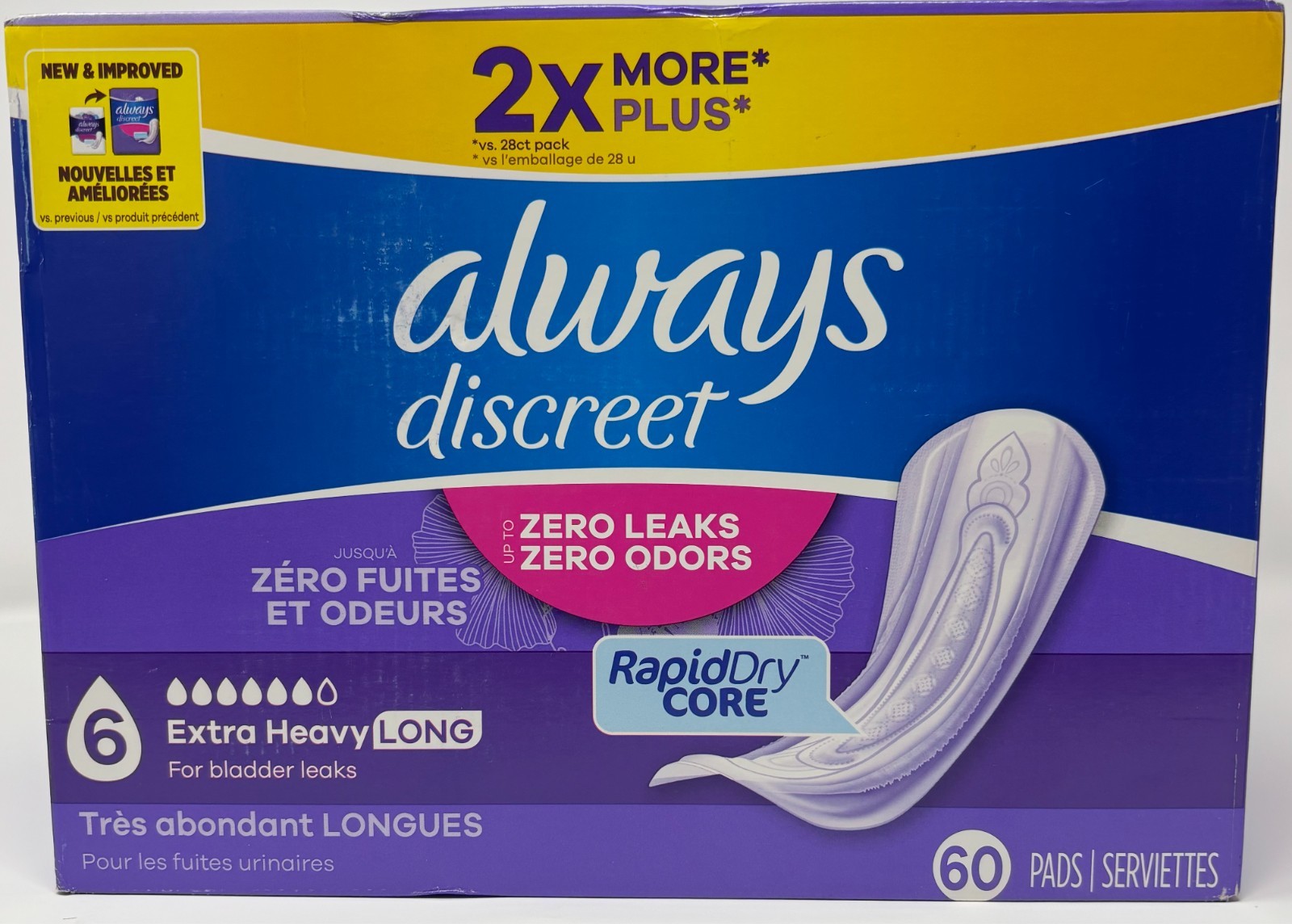 Always Discreet Adult Extra Heavy Long length Incontinence Pads, Size 6 (60 Ct)