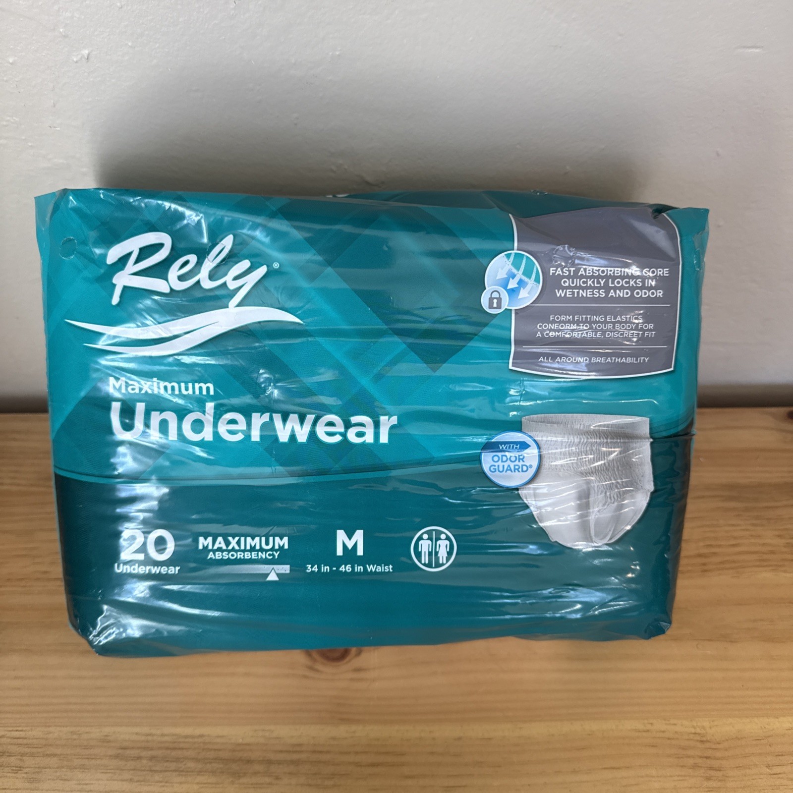 RELY INCONTINENCE BRIEF MAXIMUM ABSORBENCY UNDERWEAR 20-COUNT MEDIUM 34″-46″