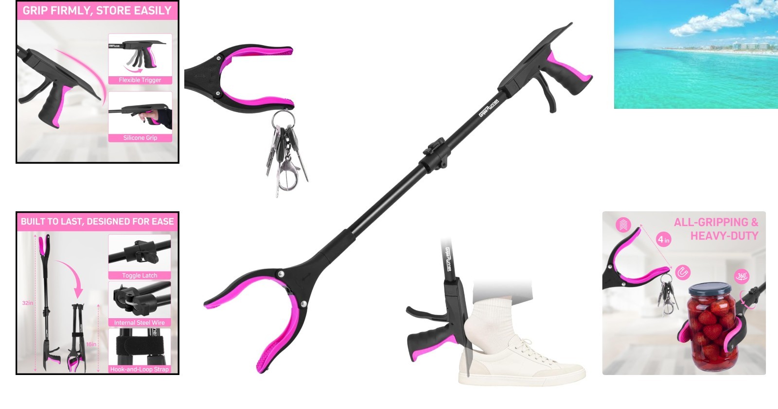 Ergonomic 360° Rotating Grabber Tool with Shoehorn – Ideal for Limited Mobility