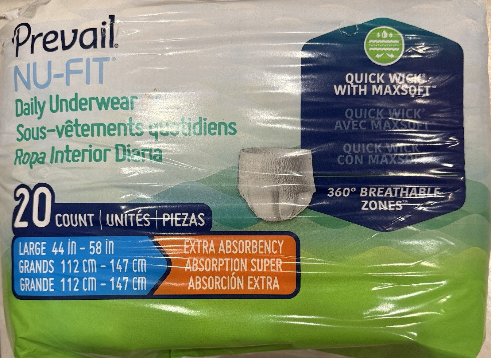 Prevail NU-FIT Daily Underwear LARGE/Extra Absorbency, 20 Pack Of 4, 80-TOTAL