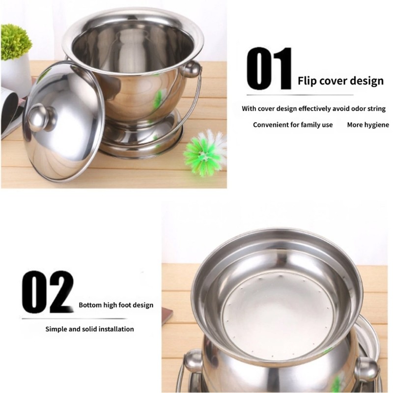 Portable Stainless Steel Chamber Pot With Lid Household Potty Urinal Bucket