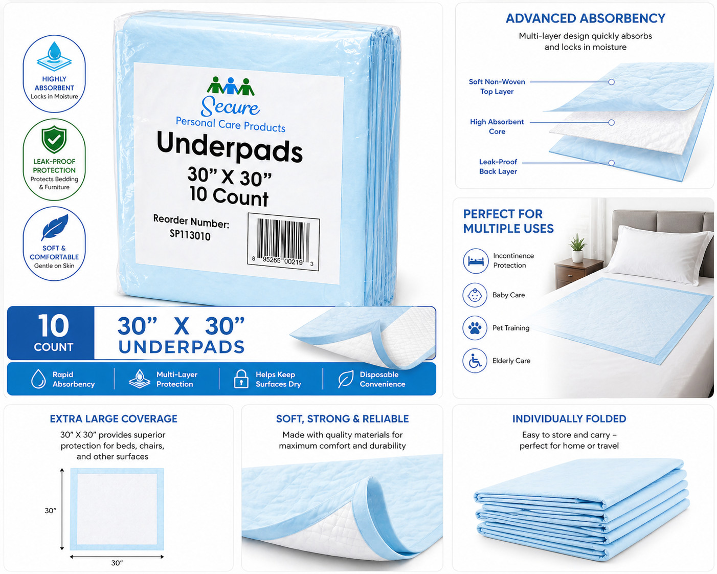 Secure Underpads 30×30 Disposable Bed Pads 10 Ct Waterproof Absorbent Incontinen